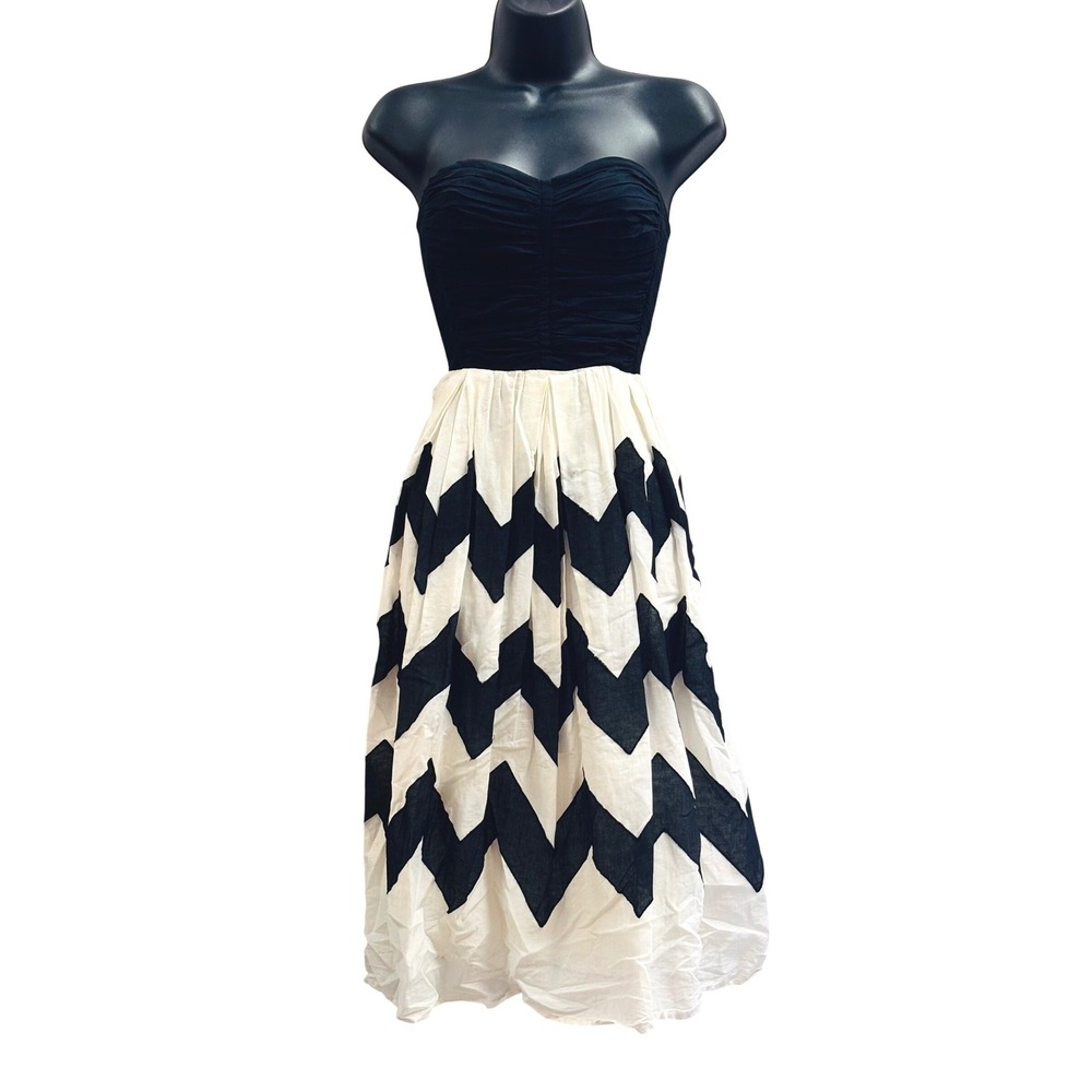 Leifnotes Anthropologie Strapless Chevron Dress Black Cream Ruched Size 10